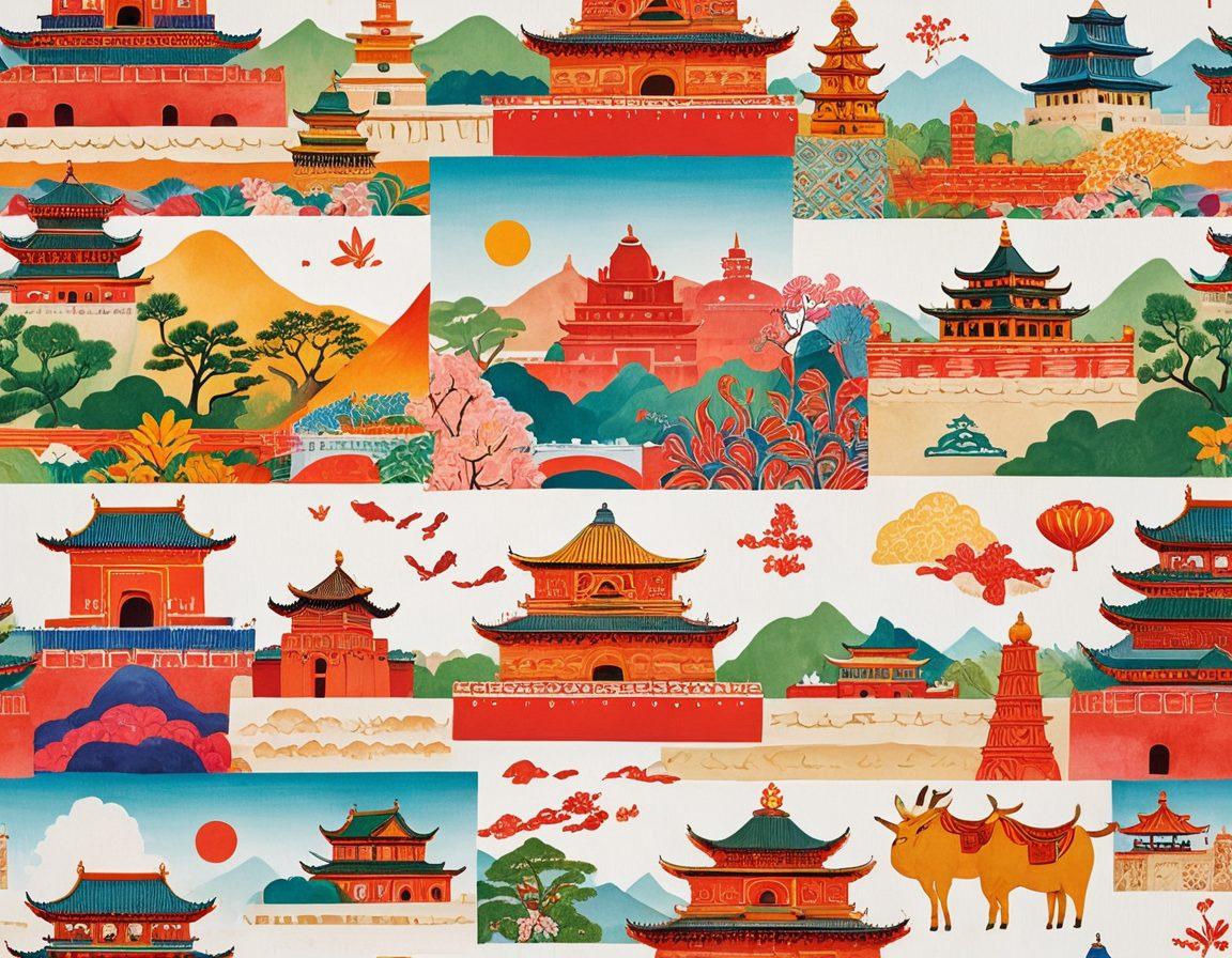 A vibrant collage showcasing diverse cultural landmarks from Asia, including the Great Wall of China, the Taj Mahal, and traditional Japanese temples, intertwined with travelers engaging in local customs like tea ceremonies and street food sampling. The background is a mix of traditional patterns and colorful landscapes. super-realistic. vibrant colors. white background.