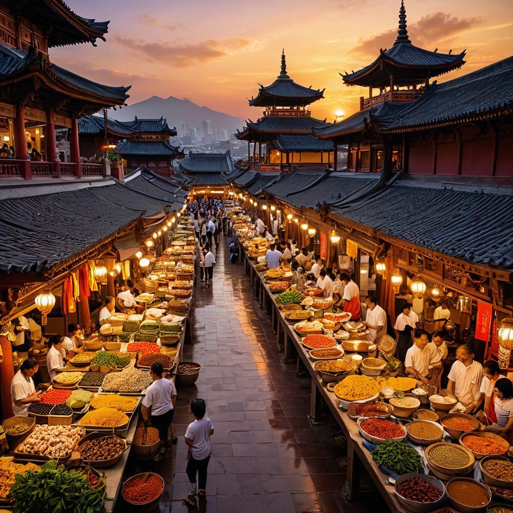 An exotic food market bustling with vibrant stalls showcasing an array of traditional Asian dishes, colorful spices, and fresh ingredients. In the background, a glimpse of lush landscapes and culturally rich architecture, like pagodas and temples. People enjoying food, sharing stories, and engaging with local artisans, visibly immersed in the culture. A warm sunset casts a golden glow over the scene, capturing the essence of unity and diversity. super-realistic. vibrant colors. 3D.
