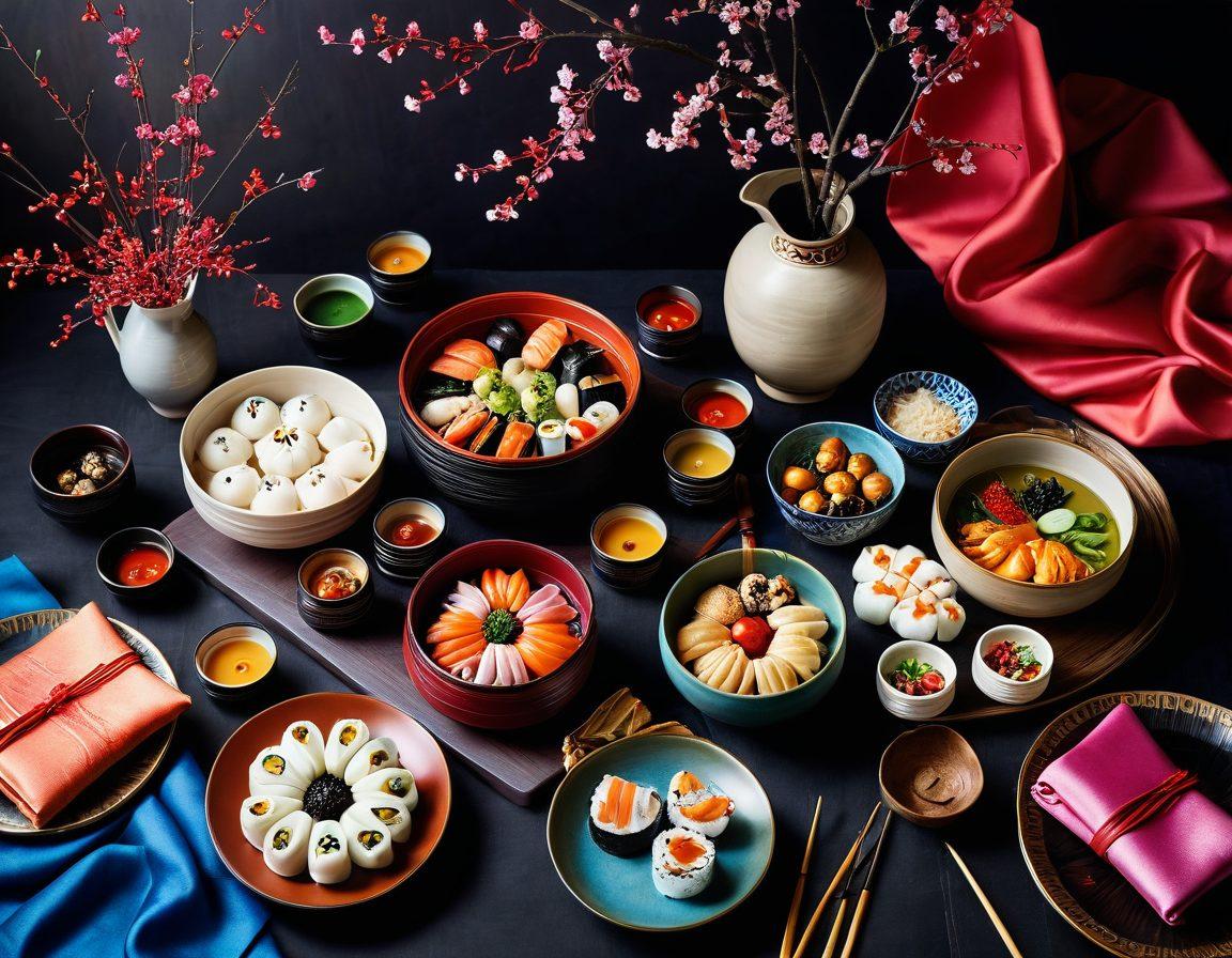 A vibrant fusion of Asian culinary delights elegantly displayed on a stylish table, surrounded by traditional fabrics and modern fashion accessories such as silk scarves and embroidered bags. Incorporate elements like lanterns, cherry blossoms, and intricate pottery to highlight cultural significance. The scene should exude warmth and creativity, inviting viewers into an immersive experience of Asian lifestyle. super-realistic. vibrant colors. soft natural lighting.